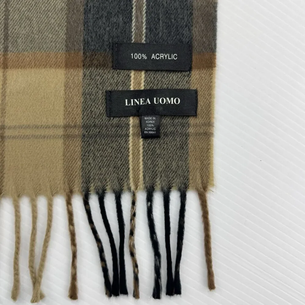 Linea Uomo Men’s Plaid Scarf Brown Tan Red Fringe Classic 100% Acrylic